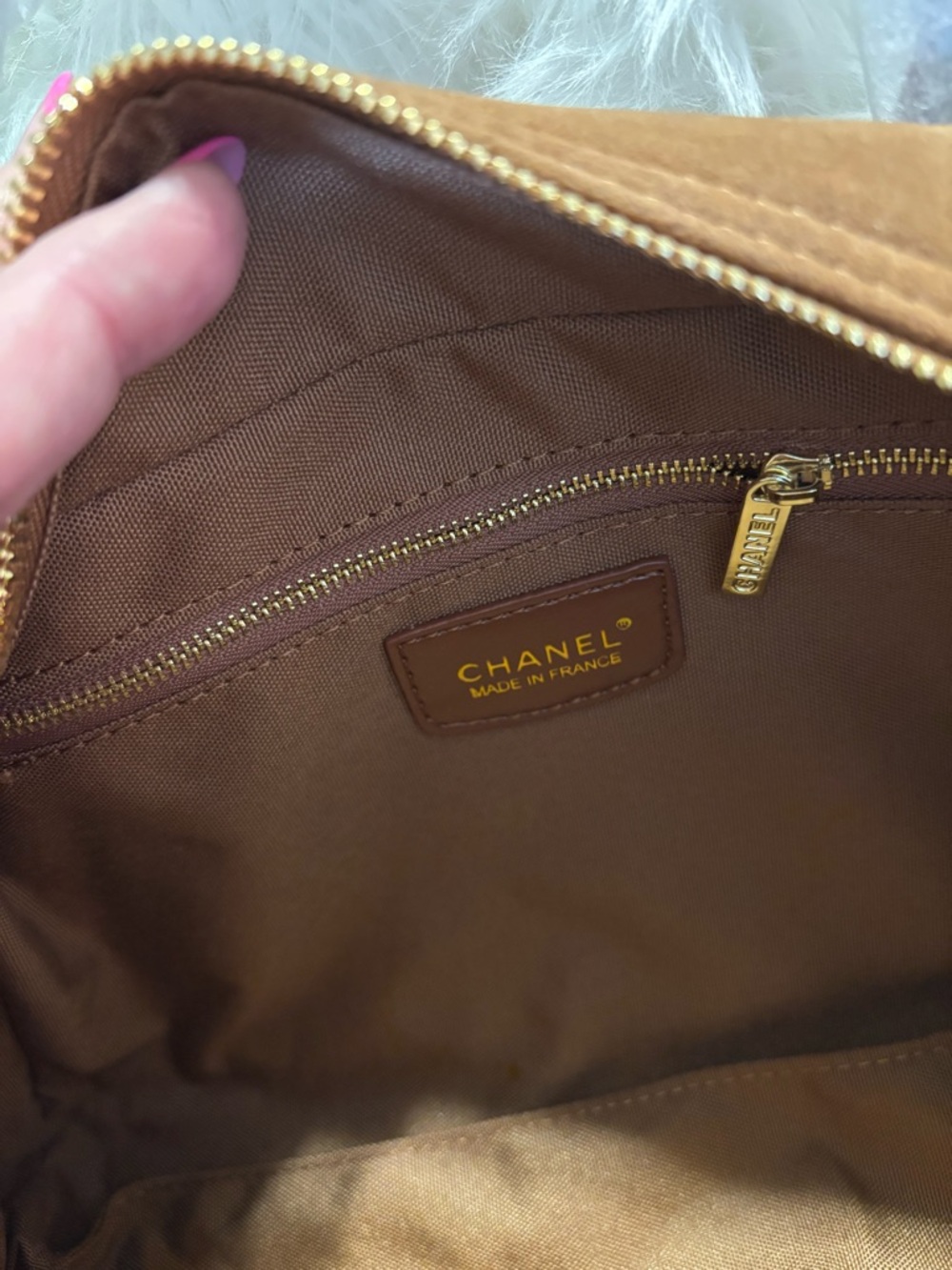 Brown Quilted Suede Top-Handle Satchel with Patent CC Logo - Picture 4 of 9